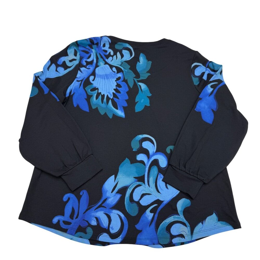 Chico's Women's LS Blouse Top Black & Blue Floral, Size 2 (US L) - Picture 2 of 8